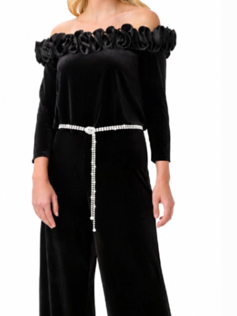 Adrianna Papell Velvet Off-the-Shoulder Ruffle Jumpsuit - Formal - Size 16